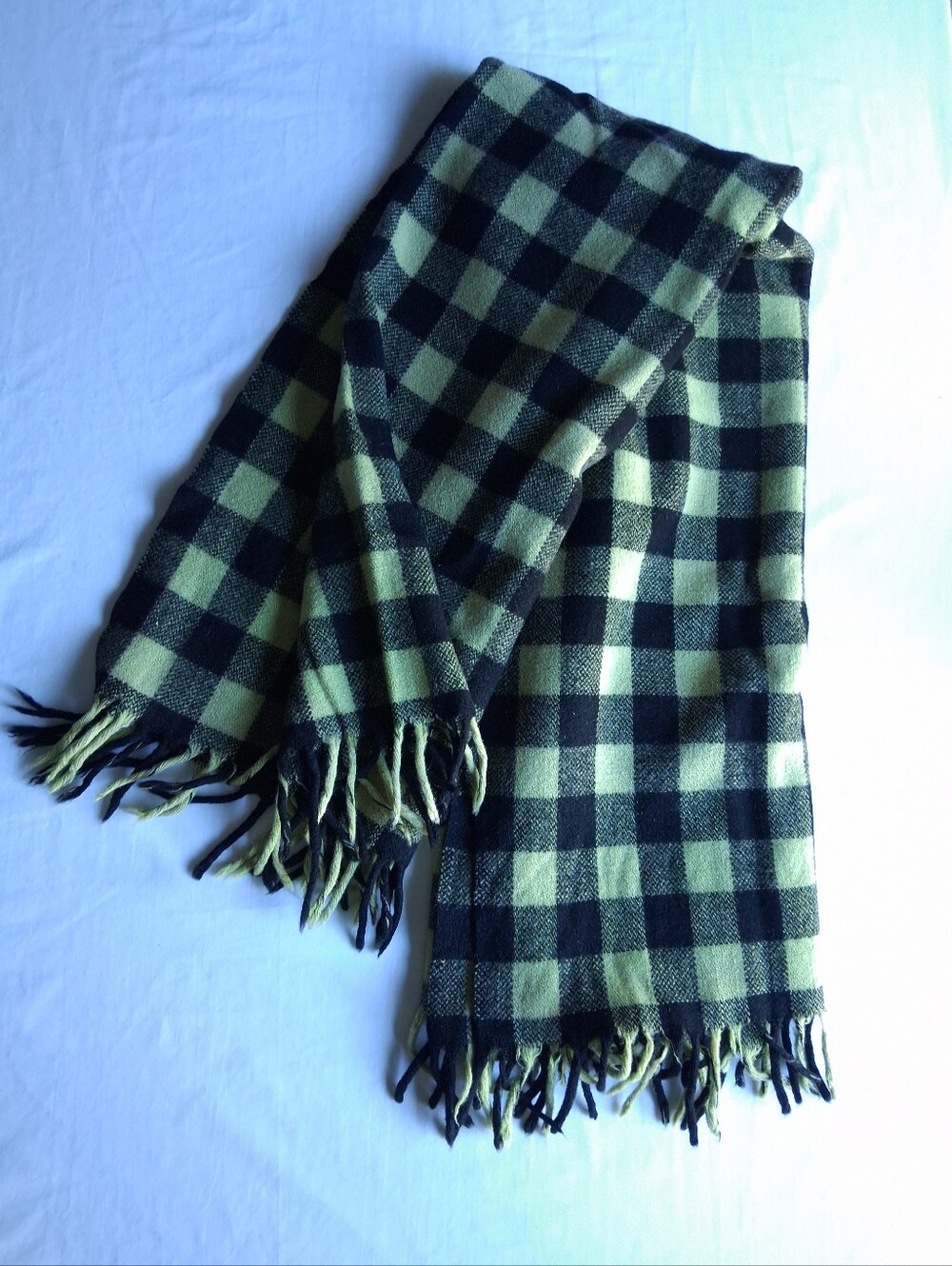Vintage wool throw blanket 57 by 48 inches green and black plaid fringed